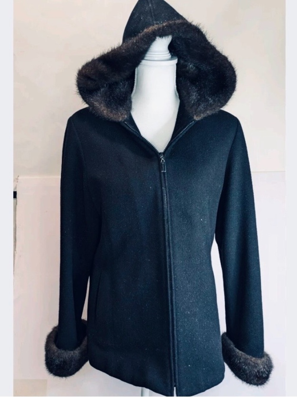 Braetan Black Hooded Coat with Brown Faux Fur Trim